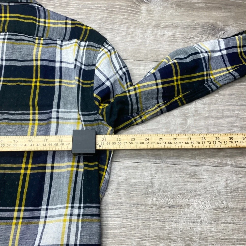 Banana Republic Flannel Shirt Mens L Navy‎ Yellow Good Untucked Slim Fit Plaid